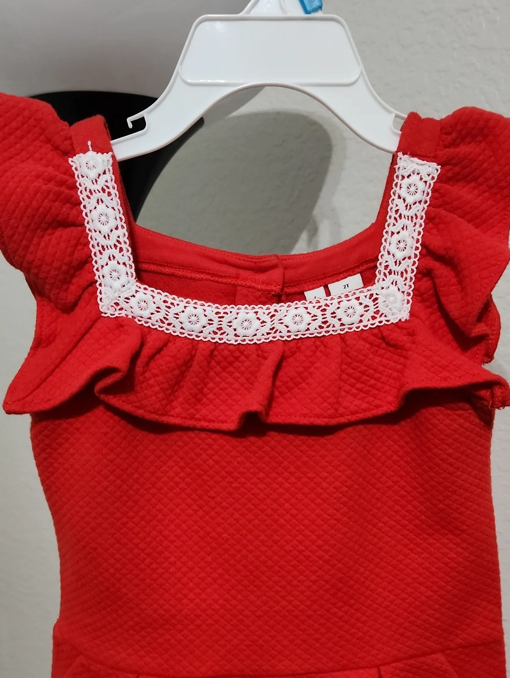 Janie and Jack Toddler Girl's Red Ruffle Romper with White Lace Trim: Size 2T